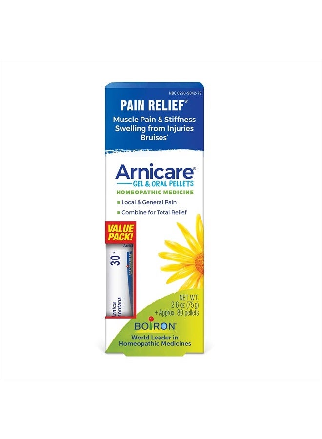 Boiron Arnicare Gel and Arnica 30c Value Pack for Pain Relief, Muscle Soreness, and Swelling from Bruising or Injury - 2.6 oz + 80 Pellet Tube  - Image 1