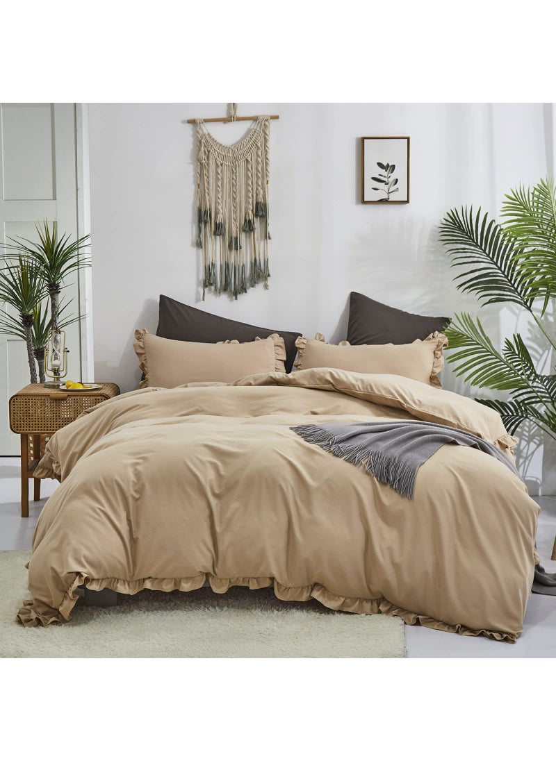 Luxlovery Luxlovery Champagne Ruffle Comforter Set Twin Light Khaki Bedding Comforter Farmhouse Shabby Beige Friange Quilts Blanket Soft Breathable Vintage Rustic Bedding Comforter Set for Women Men  - Image 1