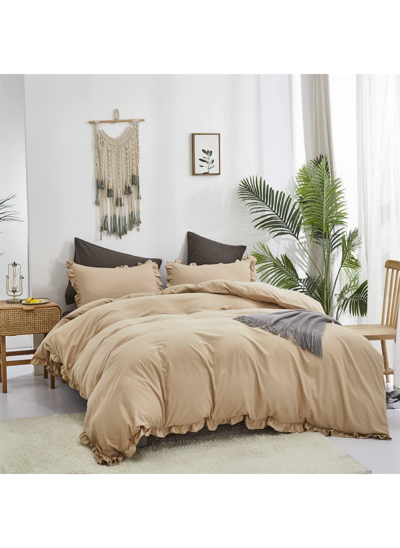 Luxlovery Luxlovery Champagne Ruffle Comforter Set Twin Light Khaki Bedding Comforter Farmhouse Shabby Beige Friange Quilts Blanket Soft Breathable Vintage Rustic Bedding Comforter Set for Women Men  - Image 2