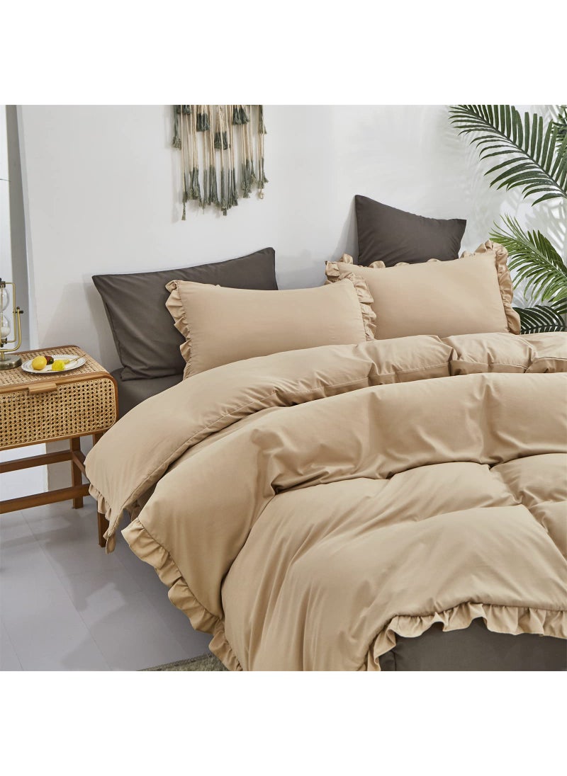 Luxlovery Luxlovery Champagne Ruffle Comforter Set Twin Light Khaki Bedding Comforter Farmhouse Shabby Beige Friange Quilts Blanket Soft Breathable Vintage Rustic Bedding Comforter Set for Women Men  - Image 3