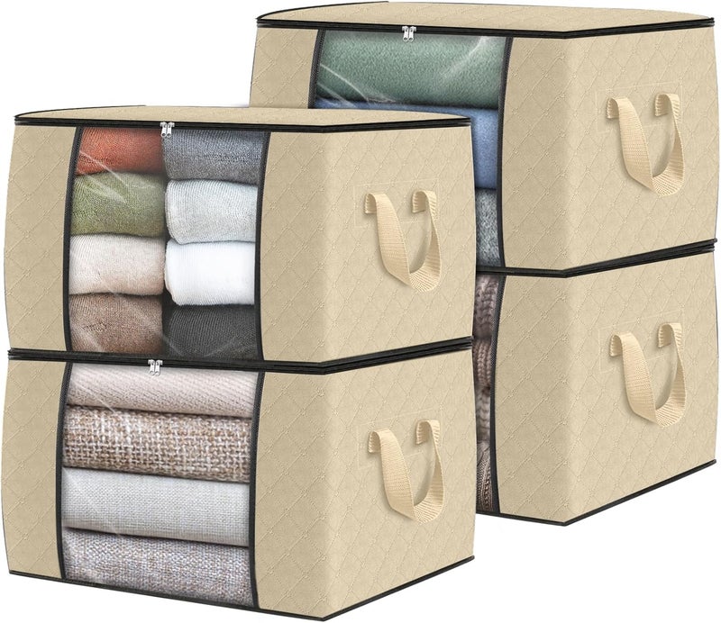 Fab totes حقيبة تخزين ملابس Fab totes 4 قطع، أكياس تخزين بطانيات قماشية سميكة قابلة للطي، حاويات لتنظيم غرفة النوم، خزانة الملابس، الملابس، اللحاف، تنظيم بمقبض، بيج - Image 1