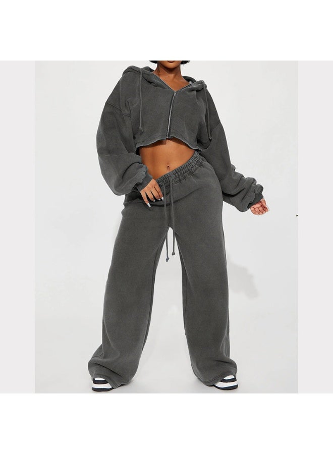 NIBEMINENT طقم أنيق فضفاض مكون من قطعتين للنساء مع سترة قصيرة بأكمام طويلة وسروال مستقيم عالي الخصر مزين بأربطة، بدلة رياضية عصرية للسيدات - Image 1