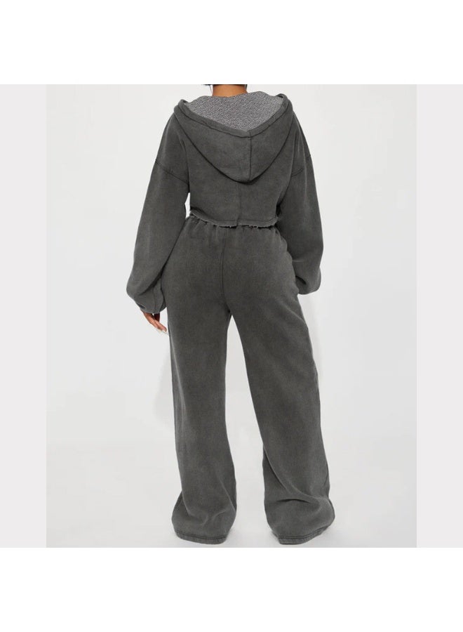 NIBEMINENT طقم أنيق فضفاض مكون من قطعتين للنساء مع سترة قصيرة بأكمام طويلة وسروال مستقيم عالي الخصر مزين بأربطة، بدلة رياضية عصرية للسيدات - Image 3