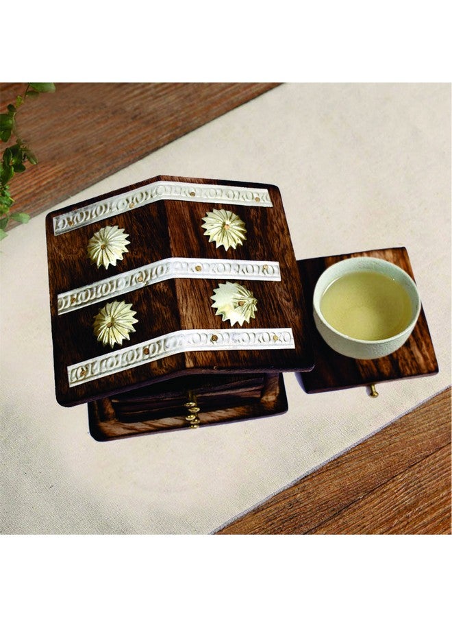 Venus Wooden Home Wellness Tea Coaster In Decorative Hut Shaped Holder, Antique Finish (Brown) - Set of 6 - Image 4