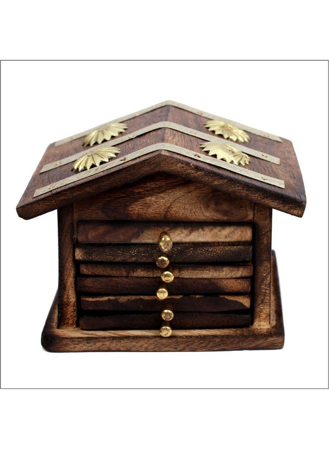 Venus Wooden Home Wellness Tea Coaster In Decorative Hut Shaped Holder, Antique Finish (Brown) - Set of 6 - Image 1
