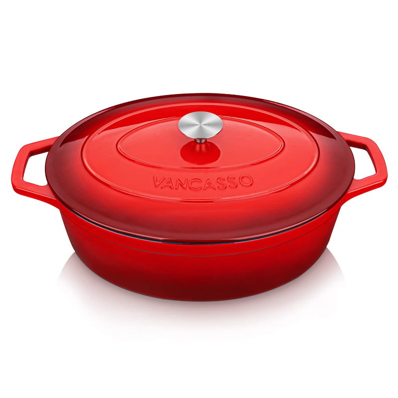 vancasso Cast Iron Pot 8 Liters Oval Enamelled Dutch Oven with Lid Naturally NonStick Slow Cook Cast Iron Casserole Pot Graduated Red Exterior with Cream Interior  37cm