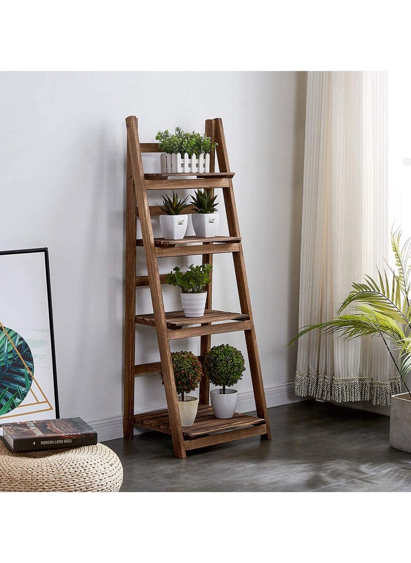 LINGWEI 4 Tier Wooden Ladder Shaped Foldable Flowers Stand Garden Balcony Standing Plant Rack Decorative Display Stand Holder Flower Shelf For Indoor Outdoor Use  - Image 1