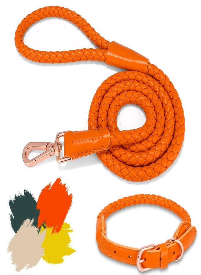 CUGBCUG Soft Leather Dog Collar and Leash Set, Stylish Sturdy Braided Waterproof, Heavy Duty Rose Gold Buckle, 4ft for Large Medium Small Dogs Walking Training (Orange, L) - Image 1