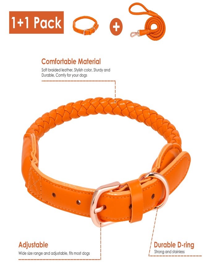 CUGBCUG Soft Leather Dog Collar and Leash Set, Stylish Sturdy Braided Waterproof, Heavy Duty Rose Gold Buckle, 4ft for Large Medium Small Dogs Walking Training (Orange, L) - Image 3