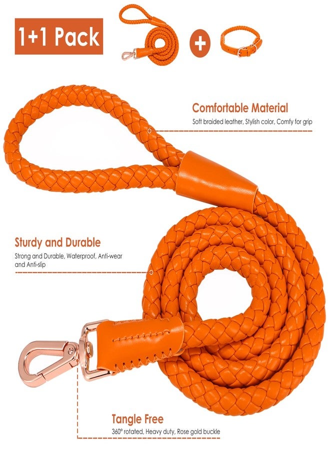 CUGBCUG Soft Leather Dog Collar and Leash Set, Stylish Sturdy Braided Waterproof, Heavy Duty Rose Gold Buckle, 4ft for Large Medium Small Dogs Walking Training (Orange, L) - Image 2