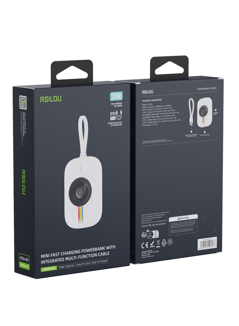Cabled Power Bank 10000mAh Capacity, 20W PD, Fast Charging, LED Digital Display, Built-in Type-C and Lightning Cables