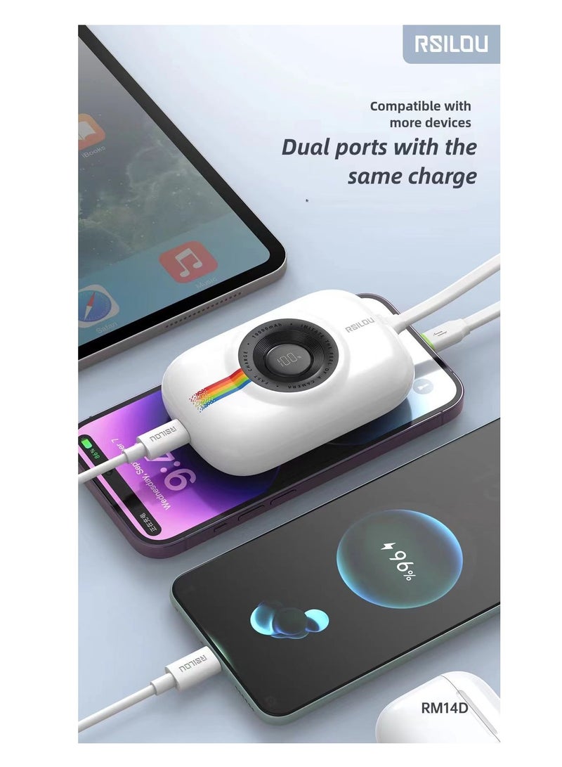 Cabled Power Bank 10000mAh Capacity, 20W PD, Fast Charging, LED Digital Display, Built-in Type-C and Lightning Cables
