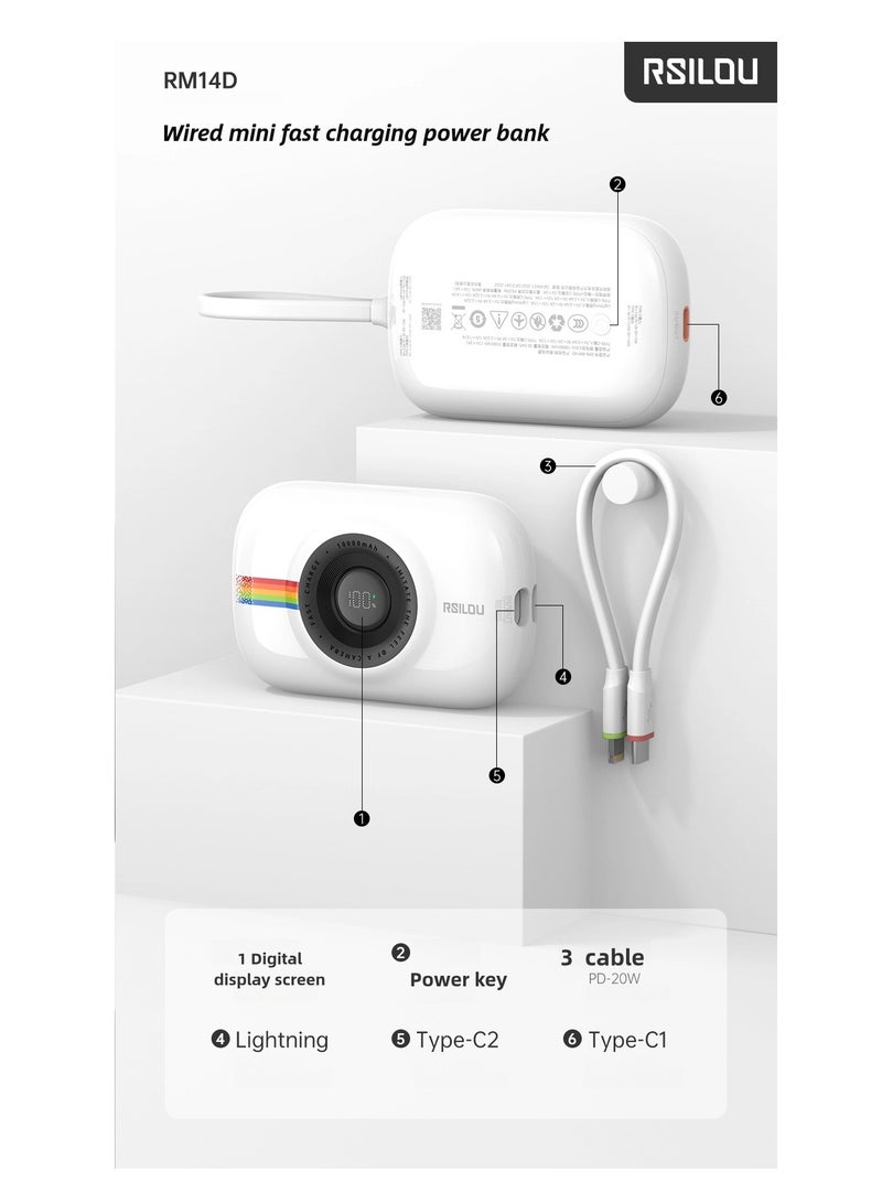 Cabled Power Bank 10000mAh Capacity, 20W PD, Fast Charging, LED Digital Display, Built-in Type-C and Lightning Cables