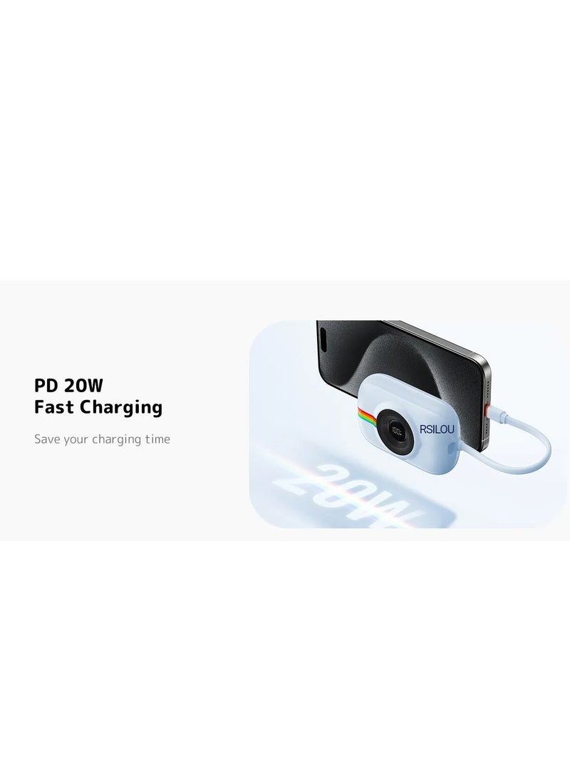 Cabled Power Bank 10000mAh Capacity, 20W PD, Fast Charging, LED Digital Display, Built-in Type-C and Lightning Cables