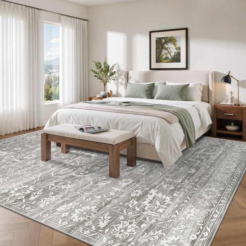 Soalmost 8x10 Washable Area Rugs for Living Room, Vintage Floral Stain Resistant Non-Slip Low Pile Natural Rug Soft Throw Large Gray Carpet for Dining Room Bedroom Home Office (Grey, 8'x10') - Image 2
