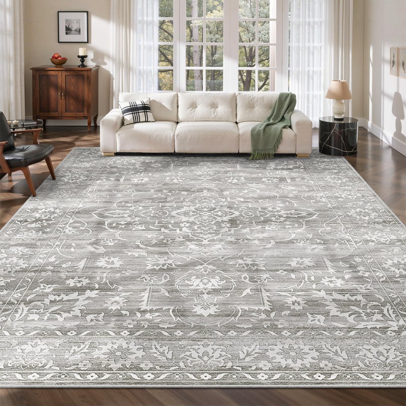 Soalmost 8x10 Washable Area Rugs for Living Room, Vintage Floral Stain Resistant Non-Slip Low Pile Natural Rug Soft Throw Large Gray Carpet for Dining Room Bedroom Home Office (Grey, 8'x10') - Image 1
