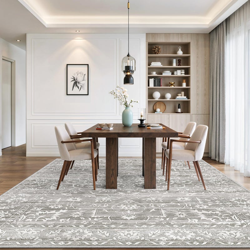 Soalmost 8x10 Washable Area Rugs for Living Room, Vintage Floral Stain Resistant Non-Slip Low Pile Natural Rug Soft Throw Large Gray Carpet for Dining Room Bedroom Home Office (Grey, 8'x10') - Image 3