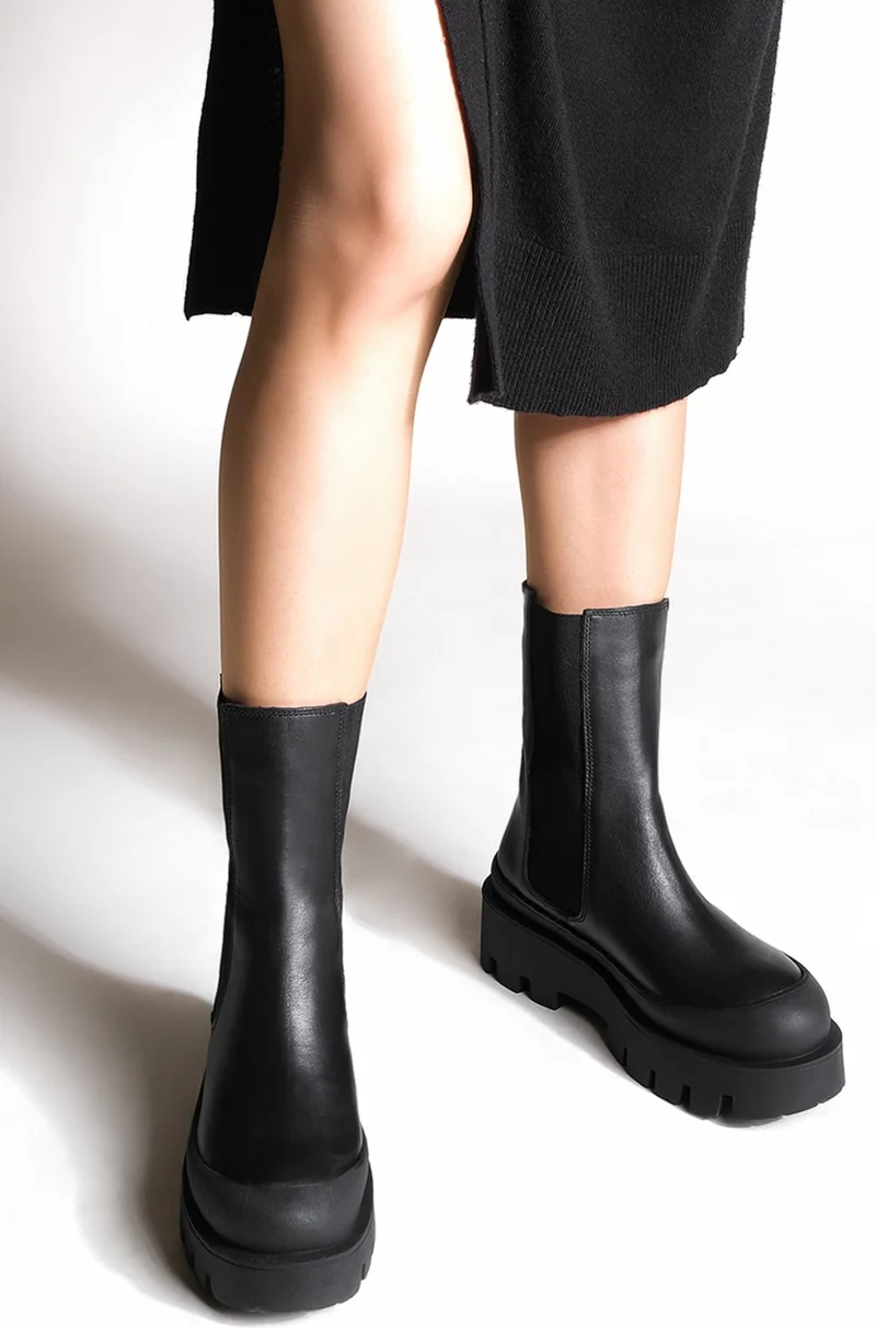 MARJIN Women's Leather Casual Boots Platform Thick Sole Milata