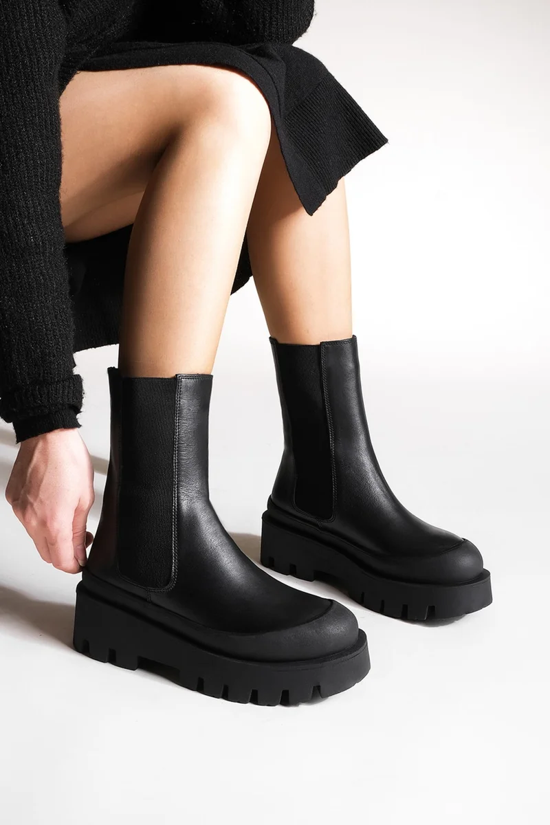 MARJIN Women's Leather Casual Boots Platform Thick Sole Milata