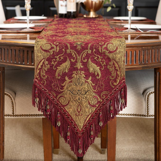 LUXURY VINTAGE CHENILLE TABLE RUNNER 72 INCHES LONG RED DAMASK JACQUARD TABLE RUNNERS WITH MULTITASSELS FOR DINING ROOM DRESSER PARTY BANQUET CHRISTMAS DECORATIONSRED13X72INCH