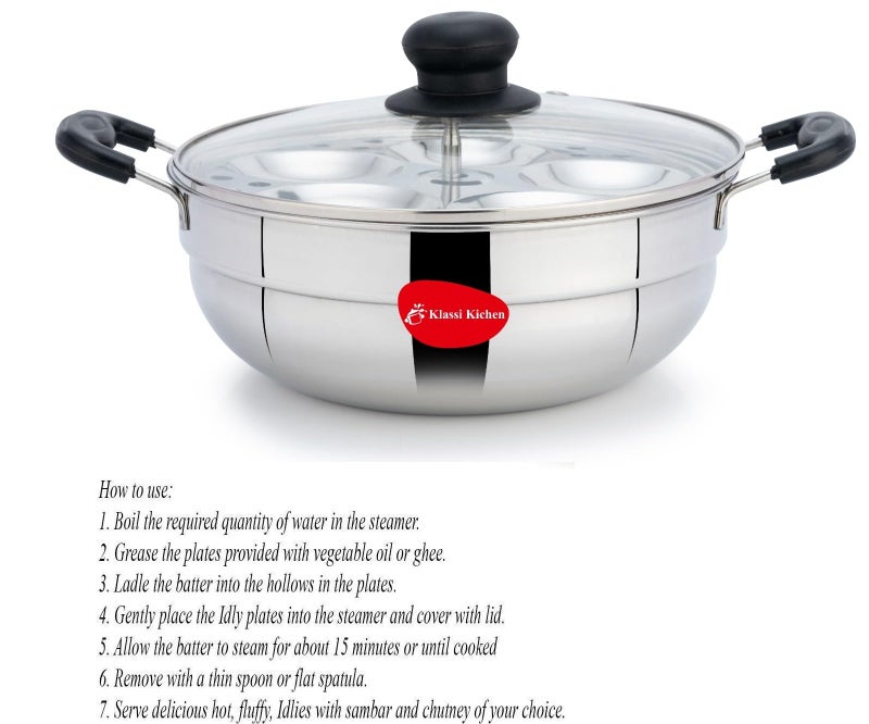 Klassi Kichen Stainless Steel Multi Kadai WIth Glass Lid Induction & Standard Idli Maker (2 Plates,10 Idlis) - Image 2