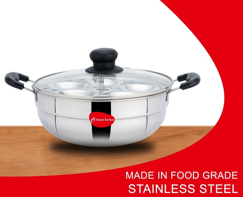 Klassi Kichen Stainless Steel Multi Kadai WIth Glass Lid Induction & Standard Idli Maker (2 Plates,10 Idlis) - Image 3