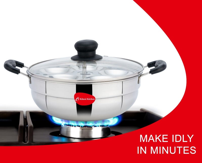 Klassi Kichen Stainless Steel Multi Kadai WIth Glass Lid Induction & Standard Idli Maker (2 Plates,10 Idlis) - Image 5