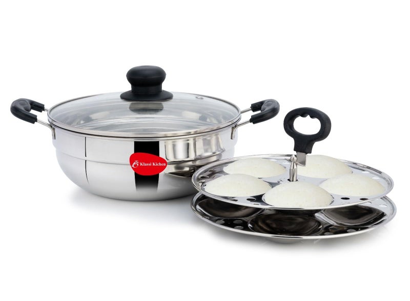 Klassi Kichen Stainless Steel Multi Kadai WIth Glass Lid Induction & Standard Idli Maker (2 Plates,10 Idlis) - Image 1