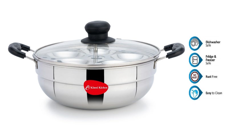 Klassi Kichen Stainless Steel Multi Kadai WIth Glass Lid Induction & Standard Idli Maker (2 Plates,10 Idlis) - Image 4