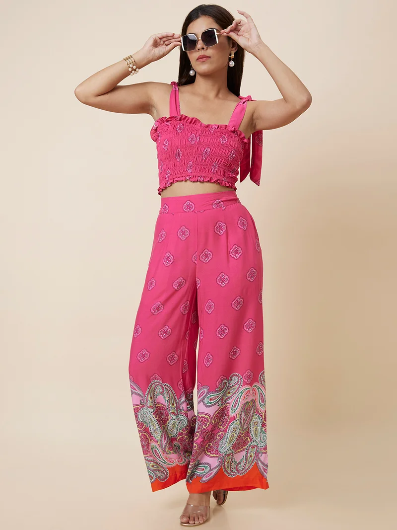 Women Pink & White Sleeveless Floral Printed Smocked Fitted Crop Top