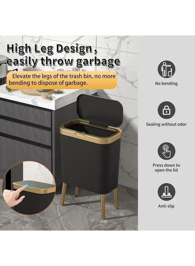15L Black High Foot Metal Garbage Bin Press Lid Odor Proof Large Capacity Rectangular - Image 2