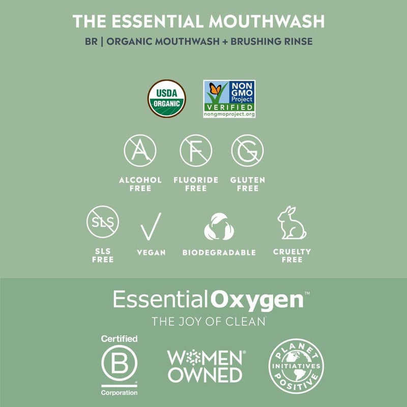 Essential Oxygen Certified BR Organic Brushing Rinse, All Natural Mouthwash for Whiter Teeth, Fresher Breath, and Happier Gums, Alcohol-Free Oral Care, Peppermint, 16 Ounce - Image 3