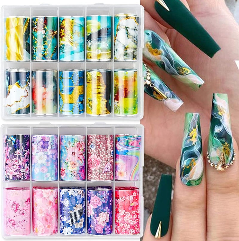 DANNEASY Nail Foil Transfer, DANNEASY 20 Roll Iridescent Marble Nail Foils Starry Sky Nail Stickers Holographic Nail Art Foil Transfer Rainbow Nail Design Stickers Nail Decals for Women Kids