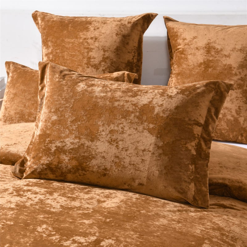 Fredsure Distressed Velvet Comforter Set, 5 Pieces Gold Caramel Queen, Distressed Velvet Face and Brushed Microfiber Reverse - Image 4