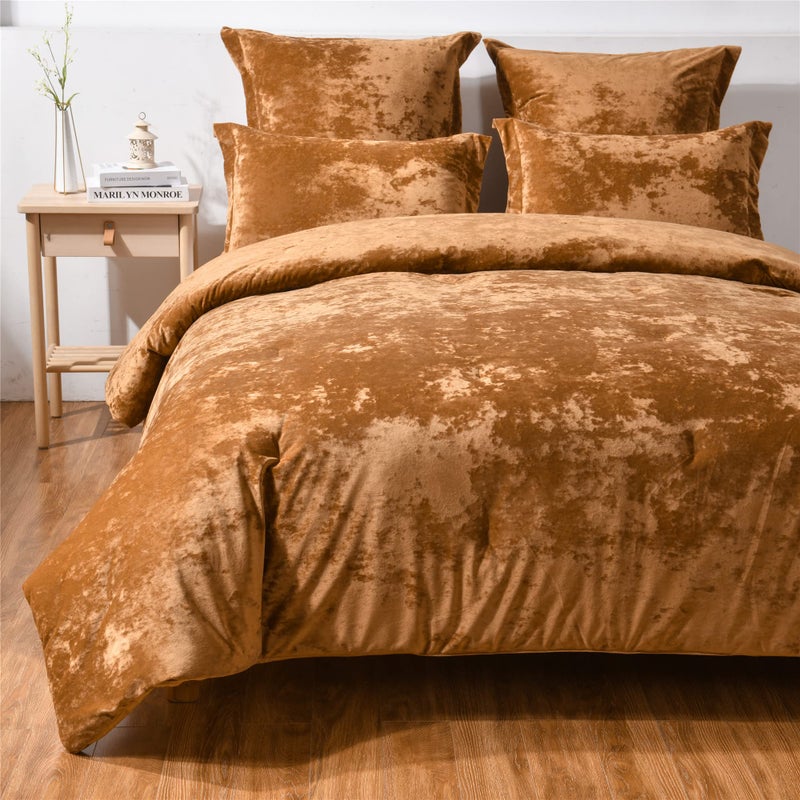 Fredsure Distressed Velvet Comforter Set, 5 Pieces Gold Caramel Queen, Distressed Velvet Face and Brushed Microfiber Reverse - Image 2