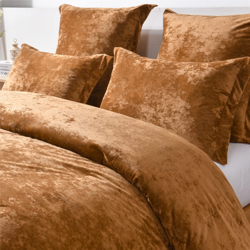 Fredsure Distressed Velvet Comforter Set, 5 Pieces Gold Caramel Queen, Distressed Velvet Face and Brushed Microfiber Reverse - Image 3