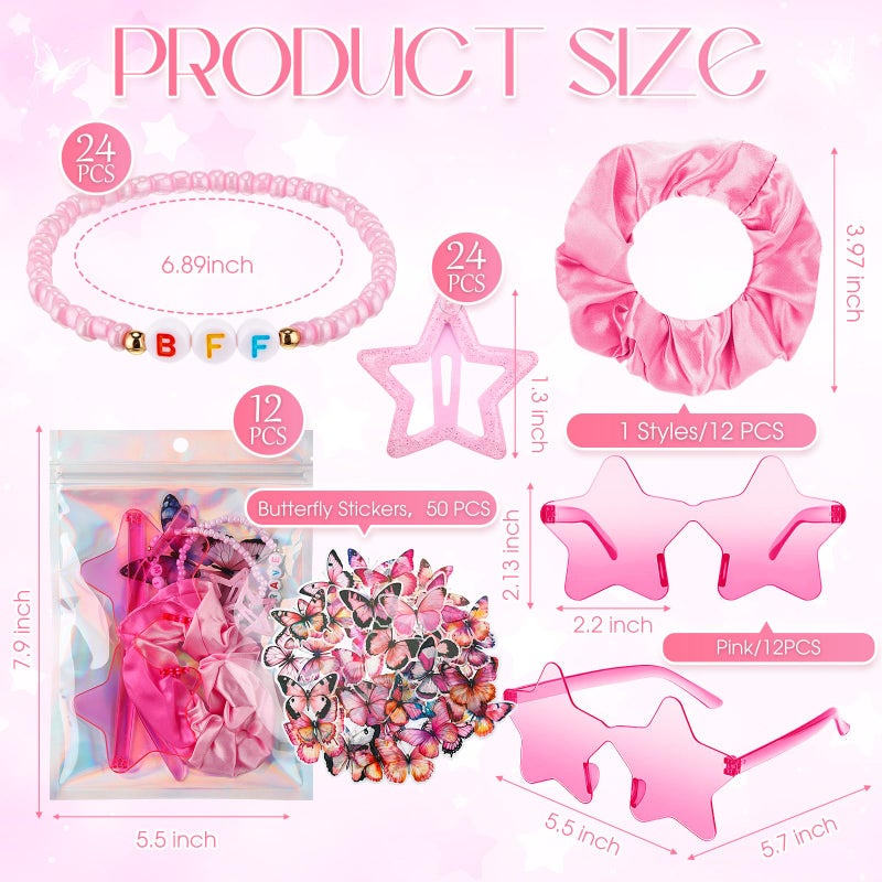 Quelay 134 Pcs Kpop Disco Party Favors Popular Singer Party Friendship Gift Set Birthday Bracelets Sunglasses Satin Scrunchie Clips Stickers Bags for 80s Y2k Fans Women(Star,Pink) - Image 2