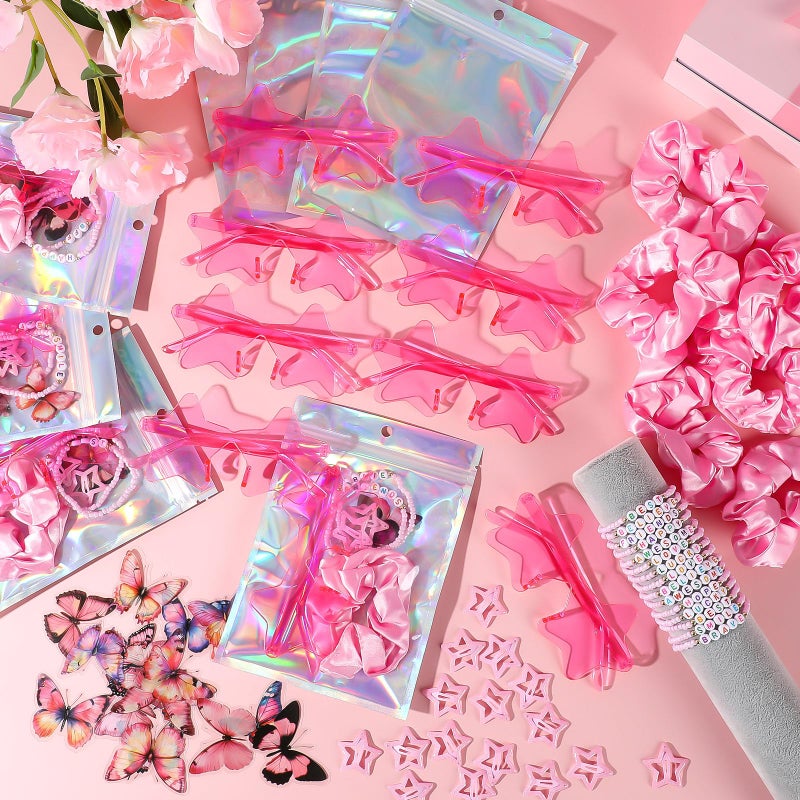 Quelay 134 Pcs Kpop Disco Party Favors Popular Singer Party Friendship Gift Set Birthday Bracelets Sunglasses Satin Scrunchie Clips Stickers Bags for 80s Y2k Fans Women(Star,Pink) - Image 4