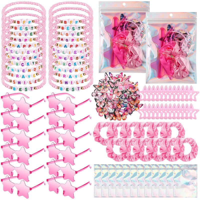 Quelay 134 Pcs Kpop Disco Party Favors Popular Singer Party Friendship Gift Set Birthday Bracelets Sunglasses Satin Scrunchie Clips Stickers Bags for 80s Y2k Fans Women(Star,Pink) - Image 1