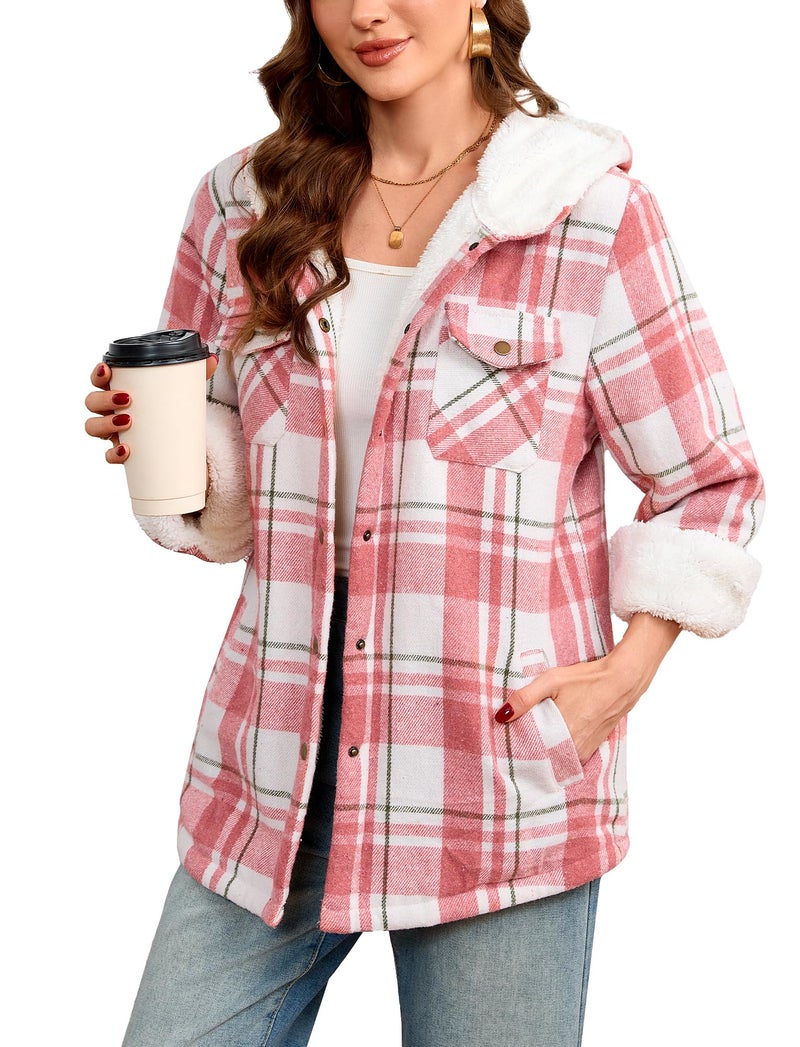 Elesuit Women's Flannel Plaid Hooded Jackets Long Sleeve Button Down Fleece Jacket Coats with Side Pockets Red White Medium - Image 2
