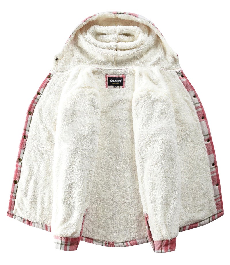 Elesuit Women's Flannel Plaid Hooded Jackets Long Sleeve Button Down Fleece Jacket Coats with Side Pockets Red White Medium - Image 4