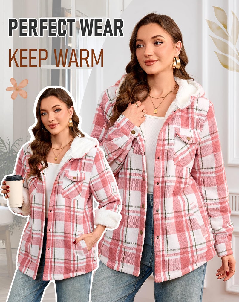 Elesuit Women's Flannel Plaid Hooded Jackets Long Sleeve Button Down Fleece Jacket Coats with Side Pockets Red White Medium - Image 5