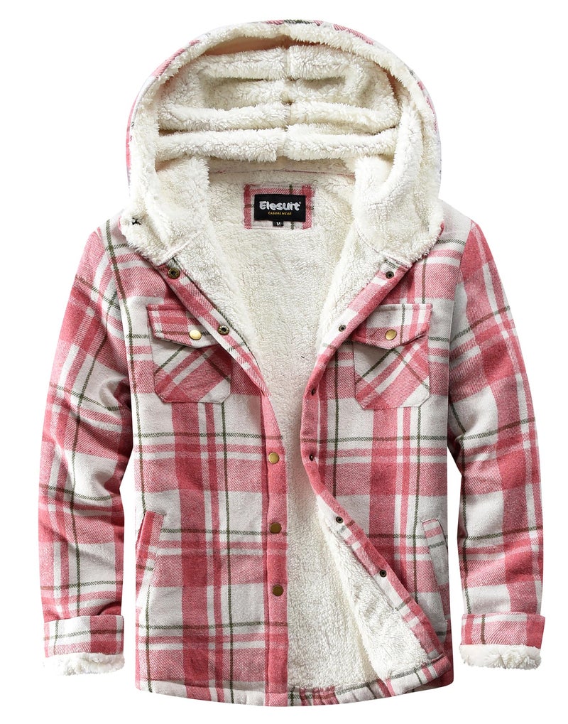 Elesuit Women's Flannel Plaid Hooded Jackets Long Sleeve Button Down Fleece Jacket Coats with Side Pockets Red White Medium - Image 1