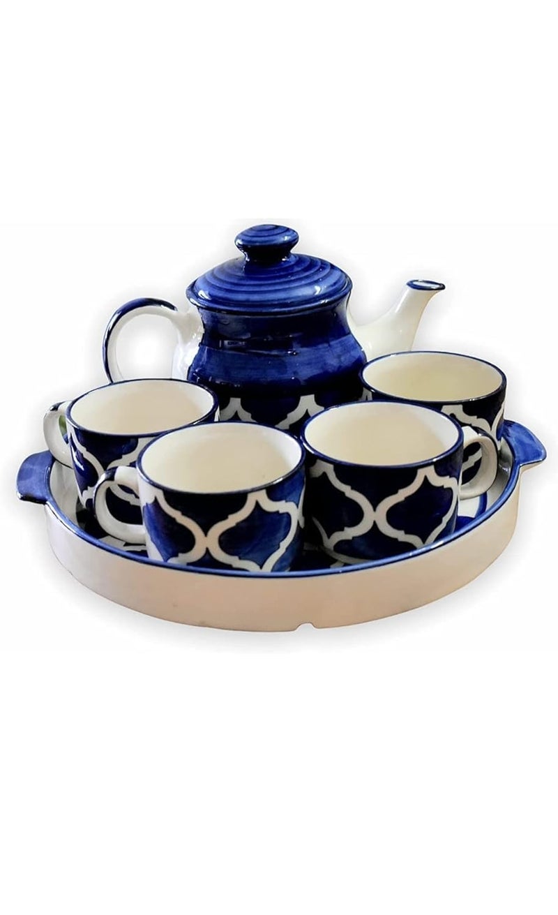 The Xstore طقم غلاية شاي سيراميك مطلي يدوي | طقم شاي صباحي | 1 غلاية (600 مل) | 1 صينية | 4 أكواب شاي (180 مل) | آمن للاستخدام في الميكروويف (أزرق) - Image 1