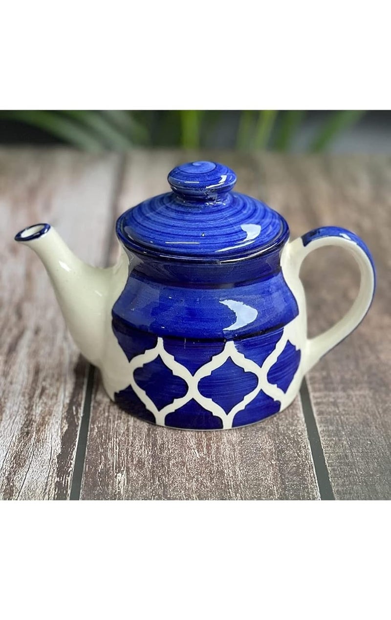 The Xstore طقم غلاية شاي سيراميك مطلي يدوي | طقم شاي صباحي | 1 غلاية (600 مل) | 1 صينية | 4 أكواب شاي (180 مل) | آمن للاستخدام في الميكروويف (أزرق) - Image 3