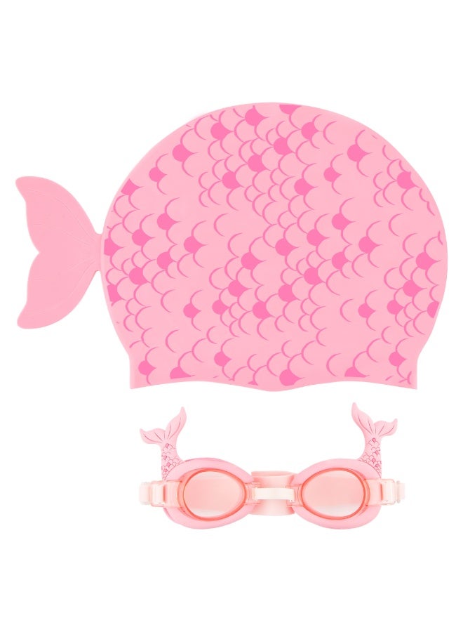 Trishi Coconut Grove Kids Swimming Cap & Goggles Set – Silicone Swim Cap with Anti-Fog UV Protection Goggles, Adjustable Strap, Leak-Proof Swim Glasses for Boys & Girls Pool & Beach Pearl the Mermaid - Image 1