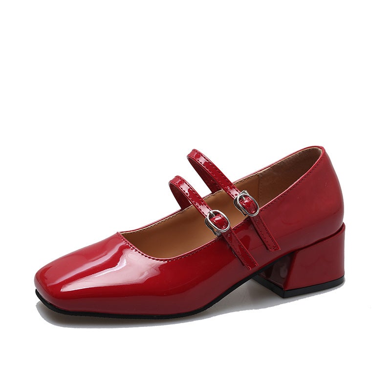 Square Toe Mary Jane Pumps Spring Autumn 2024 Wine red