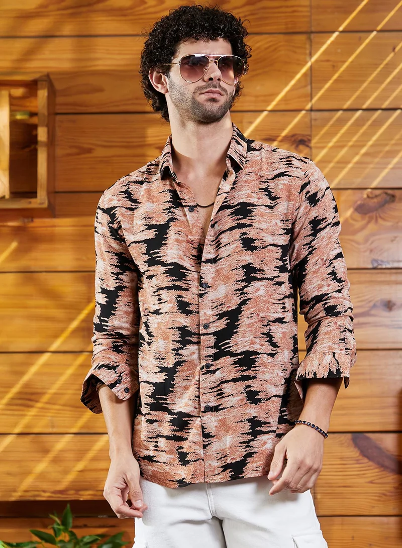 كامبوس سوترا قميص رجالي بني سيينا وأسود منتصف الليل متباين ومخدوش