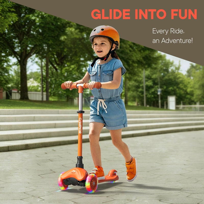 Campior Orange Mini 3 Wheel Scooter for Kids â€“ Lean-to-Steer with LED Light-Up Wheels, Adjustable Handlebar, Wide Anti-Slip Deck, Smooth PU Wheels, Rear Foot Brake â€“ Toddler Scooter for Ages 2+ - Image 3
