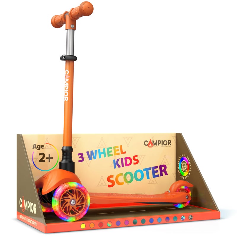 Campior Orange Mini 3 Wheel Scooter for Kids â€“ Lean-to-Steer with LED Light-Up Wheels, Adjustable Handlebar, Wide Anti-Slip Deck, Smooth PU Wheels, Rear Foot Brake â€“ Toddler Scooter for Ages 2+ - Image 1